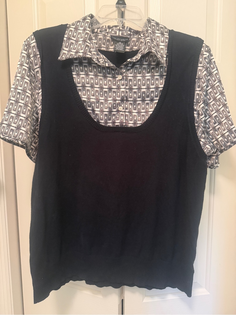 Bay Studio Black Knit Vest Over Patterned Button-Down Shirt